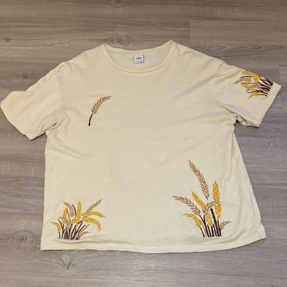 Zara Cream Short-Sleeve Tee with Wheat Embroidery